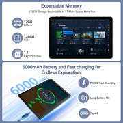 Haudio Digiland 10.1 Inch Tablet, MTK Helio G80 Octa-Core, Android 14, 12GB RAM, 128GB Storage, 5G WiFi, Dual 8MP Cameras, Gray, Protective Case, 1057