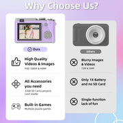Chiliktoy Kids Digital Camera, 64MP Dual Cameras, 1080P HD Video, 2.4 Inch IPS Screen, 32GB Memory Card, Purple Compact Camera for Kids and Teens