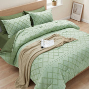 Vccoem Tufted Boho Comforter Set, Twin Size, 5 Pieces, Reversible Green Bedding Set with Comforter, Fitted Sheet, Flat Sheet, Pillowcases, Pillow Shams