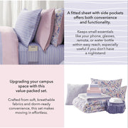 Mainstays 14-Piece College Dorm Essentials Bundle, Reversible Purple Floral and Pink Comforter Set, Twin-XL