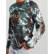 HUK Pursuit Pattern Crew Long Sleeve Athletic T-Shirt, Performance Fabric, Pluff Mud, 3XL, H1200610