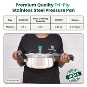 Indus Valley Triply Stainless Steel Outer Lid Pressure Pan 3.5 Litres | Also Use As Deep Fry Pan | Induction friendly | ISI-Certified, 3-Layer Body, 100% Pure & Toxin-free