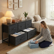 Zunmos Concetta Dresser with 5 Fabric Drawers, Soft Close, Black Wood Top, Metal Frame, Adjustable Feet
