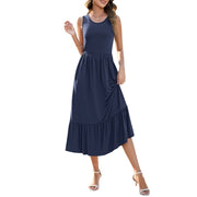 OutfitShow Summer Maxi Dress for Women, Sleeveless, Flowy Tiered Skirt with Ruffle Details, Blue, with Pockets