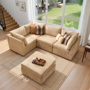 Ovios Modular Sectional Sofa Couch, 95 Inch L-Shaped 5-Seater with Ottoman, Beige Plush Corduroy, Deep Seat Cushions, Solid Wood Frame, YOYO240-3-1-1