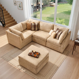 Ovios Modular Sectional Sofa Couch, 95 Inch L-Shaped 5-Seater with Ottoman, Beige Plush Corduroy, Deep Seat Cushions, Solid Wood Frame, YOYO240-3-1-1