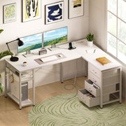 Sofanext Reversible L Shaped Desk with Built-in Power Outlets, Four Drawers, Iron Hooks, Waterproof Wood and Iron Frame, Pure White, 53 in