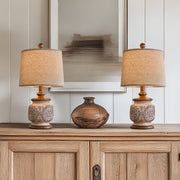 Oneach Vintage Table Lamps Set of 2, Brown Resin Base with Floral Carving, Beige Linen Drum Shade, 18.75 in, Farmhouse Style, Rotary Switch, AMZ-T1094RS