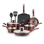 T-fal B089SC64 Easy Care 12-Piece Nonstick Cookware Set, Thermospot, Red