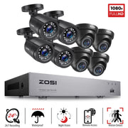 ZOSI 5MP Lite 8 Channel Home Security Camera System, 8 x 1080p Weatherproof Bullet and Dome Cameras, H.265+ Compression, Indoor Outdoor Surveillance DVR Without HDD
