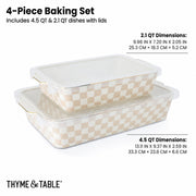 Thyme&Table 4-Piece Checkered Stoneware Baking Dish Set with Lids, Beige, Large 4.5QT and Medium 2.17QT