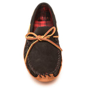 Minnetonka Men's Moccasin Slippers, Double-Layer Genuine Suede, Plaid Fleece Lining, Black, Size 10