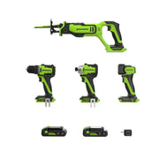 Greenworks 4 Pc Power Tools Combo Kit, PowerAll 24V Brushless Motor, Drill, Impact Driver, Reciprocating Saw, Adjustable Work Light, CK344A1