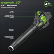 Greenworks BL60B210 60V 450 CFM Cordless Leaf Blower, 2.0 Ah Battery and Rapid Charger, Green