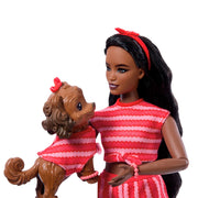 Barbie Twinning Looks Fashion Doll with Pet Dog, Matching Red Wavy Striped Outfits, Accessories Set, Poseable Joints