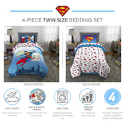Franco Manufacturing Co., Superman Kids Twin Bedding Set, Reversible Comforter, 4-Piece, Polyester Microfiber, Blue