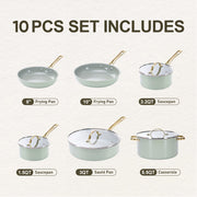 Chef Power AHUSNS01156 10 Pcs Ceramic Nonstick Cookware Set w/Brushed Gold Stainless Steel Handles, Sage Green