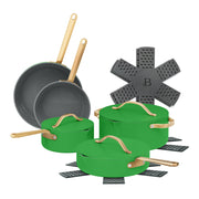 Beautiful by Drew Barrymore 12-Piece Ceramic Non-Stick Cookware Set with Strainer Lids, Kelly Green, Oven Safe to 500F, EverGood Ceramic Coating, 19922