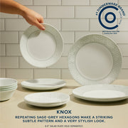 Corelle Brands Knox 18-Piece Dinnerware Set, Triple-Layer Vitrelle Glass, Sage-Grey Geometric Pattern, Service for 6