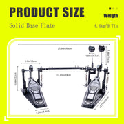 Vaisoeny Double Bass Drum Pedal with Double Chain Drive, Adjustable Rebound and Hammer Angle, Non-Slip Base, Black and Silver, JKC10