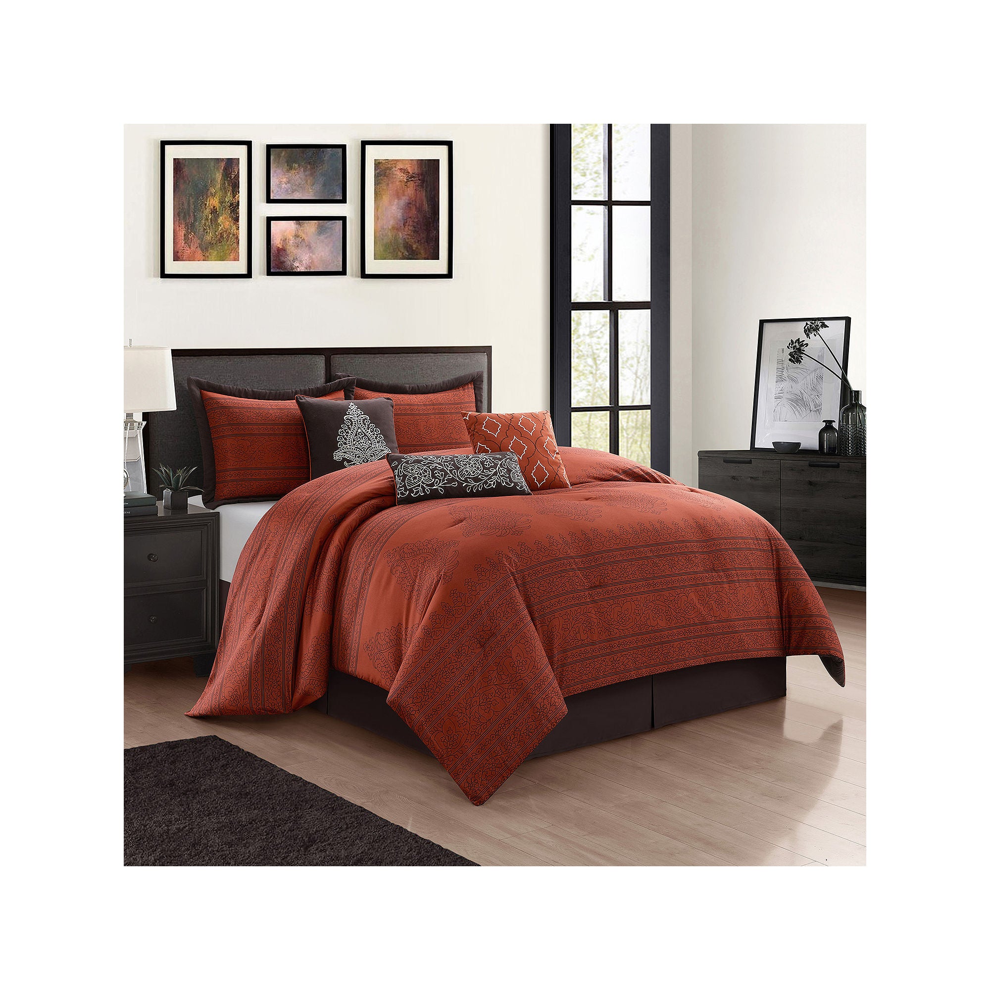 Nanshing Ryder7-Q-Rust Ryder 7 Piece Transitional Damask Comforter Set ...