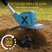 HUSGW 21V Cordless Tiller Cultivator, 9In Clearing Width, 6In Cutting Depth, 4 Steel Tines, Lightweight Handheld Garden Tool