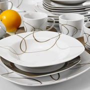 ComfyCreations 30-Piece Porcelain Dinnerware Set for 6, Ivory White with Brown Accents, Microwave and Dishwasher Safe