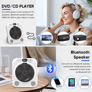 GCZ HD DVD Player for TV, Bluetooth 5.3 Streaming, HDMI 1080p Output, USB Playback, Remote Control, Built-in Speaker, Wall-Mountable, White, DVP-507