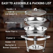 NEWKITCHEN 5 QT Stainless Steel Chafing Dishes Buffet Set, Transparent Glass Lid, 4 Pack with Dinner Spoon and Dining Clip