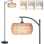 SUNMORY 63 in Dimmable Arc Floor Lamp with 3-in-1 Rattan and Linen Drum Shades, Black, Boho Farmhouse Style, 9W LED SR000026_BK