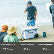 RTIC 52 QT Wheeled Hard-Sided Ice Chest Cooler, Ultra-Light Polypropylene, 78 Can Capacity, Cobalt White, 29450