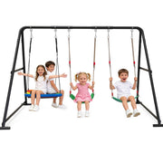 Yacona Outdoor Swing Set for Kids, Metal A-Frame, 3 Swings with Platform, Belt, and Saucer, Adjustable Ropes, Black