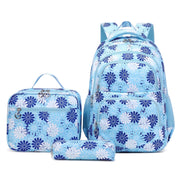 Forestfish Teen Backpack Set with Daisy Print, Water-Resistant Nylon, Includes Insulated Lunch Bag and Pencil Case, Large Blue School Bag