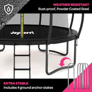JoyBerri Upsurge 12ft Outdoor Recreational Trampoline with Rust-Resistant Galvanized Steel Frame, Enclosure Net, LED Lights, Sprinkler, Ladder, ASTM Certified