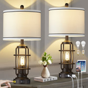 Cinkeda Modern Table Lamps Set of 2, Black Industrial Metal Frame, Beige Linen Shade, 3-Way Dimmable Touch Nightlight, USB A+C Ports, AC Outlet, 25.3 in WM-TD242