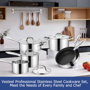 Vesteel 10-Piece Stainless Steel Pots and Pans Sets, Kitchen Cookware Set of 6