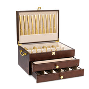 Honiway Wooden Silverware Storage Box, 3-Layer Flatware Case with Drawer, Walnut Finish, Linen Liner, Handle