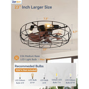 Zardon 23 in Black Caged Ceiling Fan with Lights, Remote Control, Flush Mount, Reversible DC Motor, 6 Speeds, Indoor