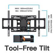 MountFTV Full Motion TV Wall Mount Bracket, Tool-Free Tilt, 42-90 Inch TVs, 6 Articulating Arms, Heavy Duty, Holds up to 132 lb, Max 600x400mm