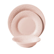 The Pioneer Woman Vintage Lace 12-Piece Ceramic Dinnerware Set, Pink, Durable Stoneware, Embossed Lace Design