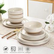 AmorArc Ceramic Dinnerware Set, 18 Pieces, Service for 6, Handpainted Plates and Bowls with Rustic Terracotta Underside, Scratch Resistant Stoneware, Dishwasher and Microwave Safe, Light Beige