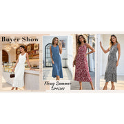 OutfitShow Summer Maxi Dress for Women, Sleeveless, Flowy Tiered Skirt with Ruffle Details, Blue, with Pockets
