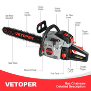Vetoper Gas Chainsaw, 20in Bar, 3.4HP 62cc 2-Cycle Engine, Rear Handle with Anti-Vibration, Chain Brake, Automatic Oiler, MJ-6220F18