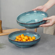 Unbranded Ceramic Fruit Bowl, Blue Pedestal Design, Large 10.2 Inch Serving Bowl