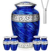 Americurn Eternal Blue Cremation Urn Set, Large Adult Urn with 4 Keepsake Urns and Memorial Necklace, Handmade Sand-Cast Design, Secure Screw-Top Lid, Deep Blue with Silver Accents, BLUE_5PA-NU