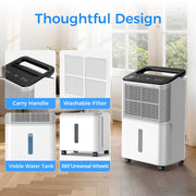 Kloudic 50 Pint Dehumidifier, Smart Humidity Control, Auto Defrost, 2.5L Water Tank, Continuous Drain Hose, Covers Up to 2500 Sq.ft, White, DH-CS10