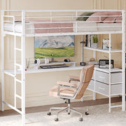 Ktaxon Full Loft Bed with L Shaped Desk, LED Light, Charging Station, White