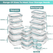 Razab 35 Pc Glass Food Storage Container Set with Airtight BPA-Free Lids, Leak-Proof, Microwave Oven Freezer Safe, Rectangular and Square Blue Containers