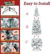 Firstness 7.5ft Pre-Lit Snow Flocked Artificial Pencil Christmas Tree with 400 Multicolor LED Lights, Hinged Branches, Sturdy Metal Stand