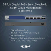 NETGEAR GS728TXP-300NAS 28-Port Managed PoE Gigabit Ethernet Smart Switch, 24 PoE+ Ports 190W, 4 x 10G SFP+, Desktop or Rack Mount